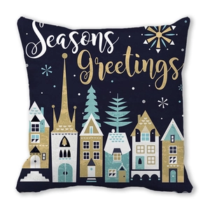 Detail of Seasons Greetings print on navy peach skin pillowcase with winter town