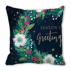 Detail of Season's Greetings Christmas wreath print on navy blue peach skin pillowcase