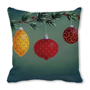 Detail showing the peach skin fabric texture and printed Christmas ornaments on pillowcase