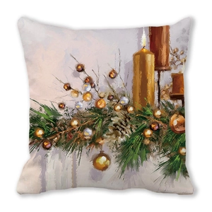 Detailed view of Christmas pillowcase with oil painting candle and pine needles print