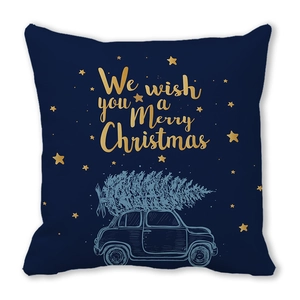 Detail of navy blue Christmas pillowcase with golden stars and vintage car illustration