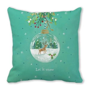 Minimalist Christmas throw pillow cover with Let it Snow reindeer print on peach skin fabric