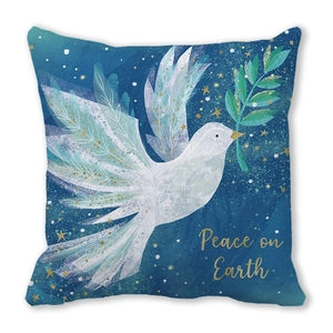 Minimalist peach skin pillowcase featuring peace dove and Peace on Earth gold text