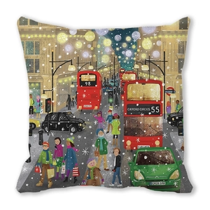 Minimalist peach skin pillowcase with London Oxford Circus winter street illustration