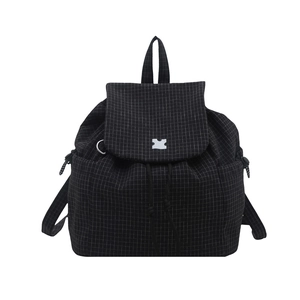 Minimalist black checkered backpack with flap closure and drawstring in Japanese style