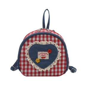 Mini plaid backpack featuring blue denim heart and red cherry embroidery detail