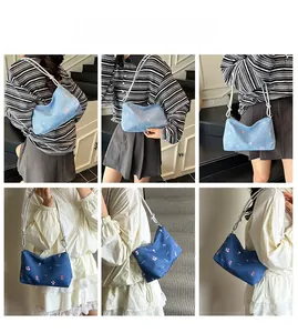 Detailed views of casual denim tote bags featuring floral embroidery and slim shoulder straps