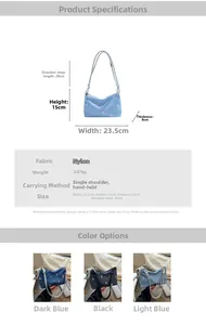 Detail view of denim tote bag dimensions and tulip floral embroidery patterns