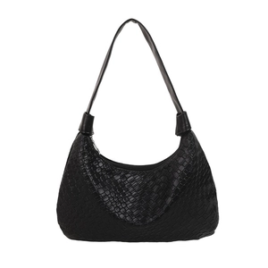 Fashionable black woven hobo shoulder bag with crescent shape and silver zipper