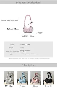 Detailed size specifications and color options for the heart print dumpling shoulder bag