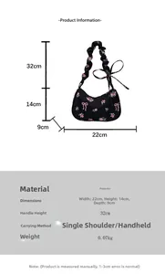 Detailed size specifications of floral nylon shoulder bag with 22x14x9cm dimensions