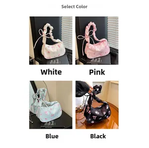 Detailed grid view of nylon shoulder bags with floral and bow prints in four colors