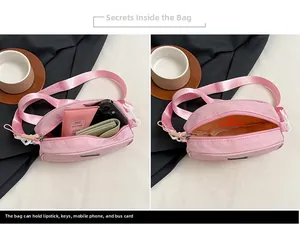 Detail view of pink nylon shell bag capacity showing phone and lipstick storage space