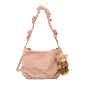 Pink casual tote bag with ruched shoulder strap and cute bear pendant charm
