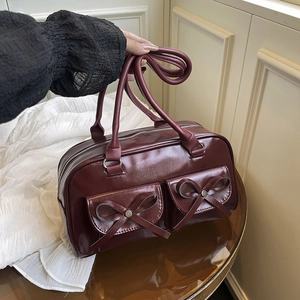 Women Bowknot Multi-pocket Shoulder Bag Glossy PU Leather Large Capacity Tote Bag For Daily Commute Urban Simple Fashion Handbag