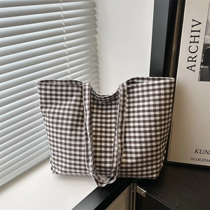 Brown and white plaid canvas tote bag with large capacity and double shoulder straps