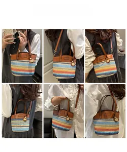 Multi-colored striped woven phone bag shown in various carrying styles and angles