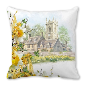 Detail of artistic landscape painting print on peach skin square pillowcase