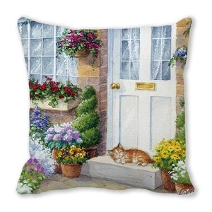 Detail of soft peach skin cushion cover with cat and floral watercolor illustration