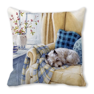 Detail view of square pillowcase texture with watercolor sleeping puppy on yellow sofa