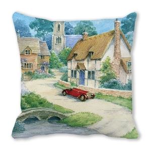 Detail of artistic watercolor landscape print on square peach skin cushion cover