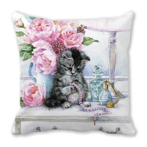 Detail of square cushion cover with watercolor cat, peony flowers and vintage art print