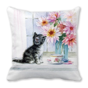 Detail of square pillowcase featuring a watercolor cat and pink dahlia in blue vase