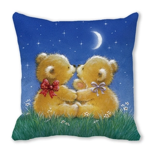 Detail of square pillowcase featuring printed golden bears under a starry moonlit sky