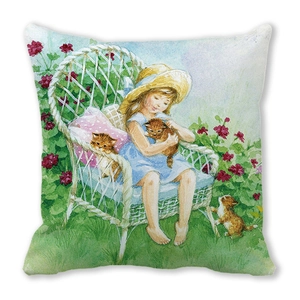 Girl and cat watercolor illustration cushion cover in high density peach skin fabric
