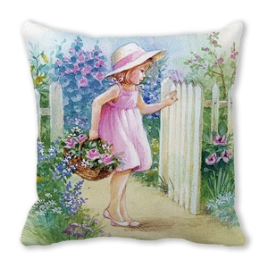 Watercolor little girl in garden art print cushion cover on white background