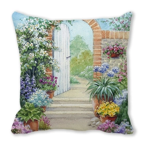 Square peach skin pillowcase featuring watercolor European garden print with flowers