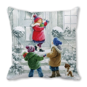 Detail of soft peach skin cushion cover with festive winter watercolor illustration