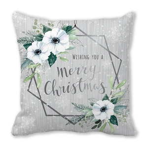 Christmas pillowcase with gray wood grain, white anemones and Merry Christmas text