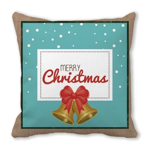 Detail of Christmas pillowcase with Merry Christmas text, bells and red bow design