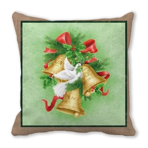 Detailed view of Christmas pillowcase texture with golden bells and festive holiday print