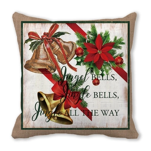 Detail of Christmas pillowcase with bells, poinsettia, and Jingle Bells text print