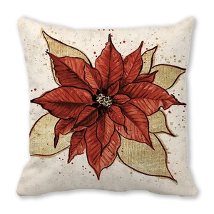 Decorative poinsettia flower pillow case with red petals and golden veins on peach skin fabric