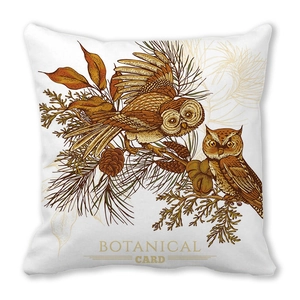 Detail of owl and botanical pine cone print on soft square throw pillow cover
