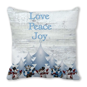 Winter peach skin pillow case with Love Peace Joy text and blue snowman print