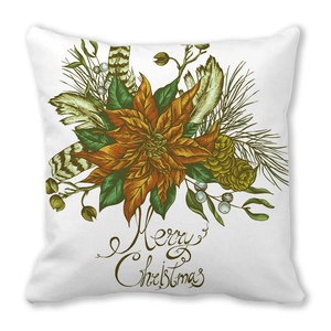 Detail of Christmas pillow cover with poinsettia, pine cones and Merry Christmas text