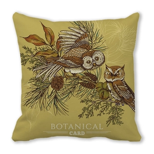 Detail of botanical owl illustration and pine branch on peach skin pillowcase