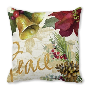 Close-up of decorative Christmas pillowcase with Peace text and festive floral print