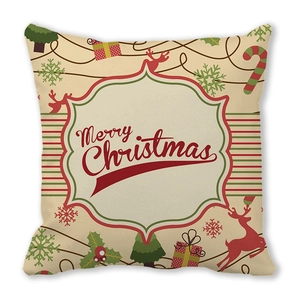 Christmas cushion cover with Merry Christmas text, reindeer and tree patterns