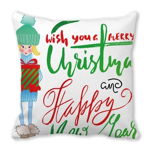 Nahaufnahme eines Weihnachtskissenbezugs mit Cartoon-Mädchen und festlichem Schriftdruck