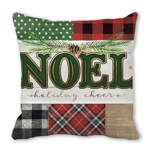 Detail of Noel holiday cheer Christmas pillow case with pine cone and patchwork texture