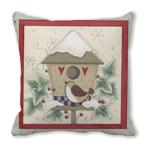 Detail of Christmas peach skin pillowcase with birdhouse and red berry illustration