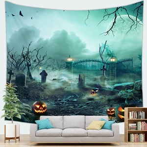 Detail of Halloween tapestry with jack-o-lantern and graveyard scene in a living room