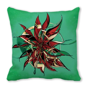 Detail of emerald green square cushion cover featuring a red and gold abstract art pattern