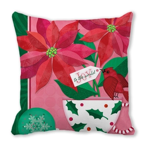 Detailed pattern of red poinsettia and cardinal bird on a Christmas floral cushion cover