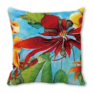 Detailed view of square pillowcase featuring watercolor red floral print on blue background